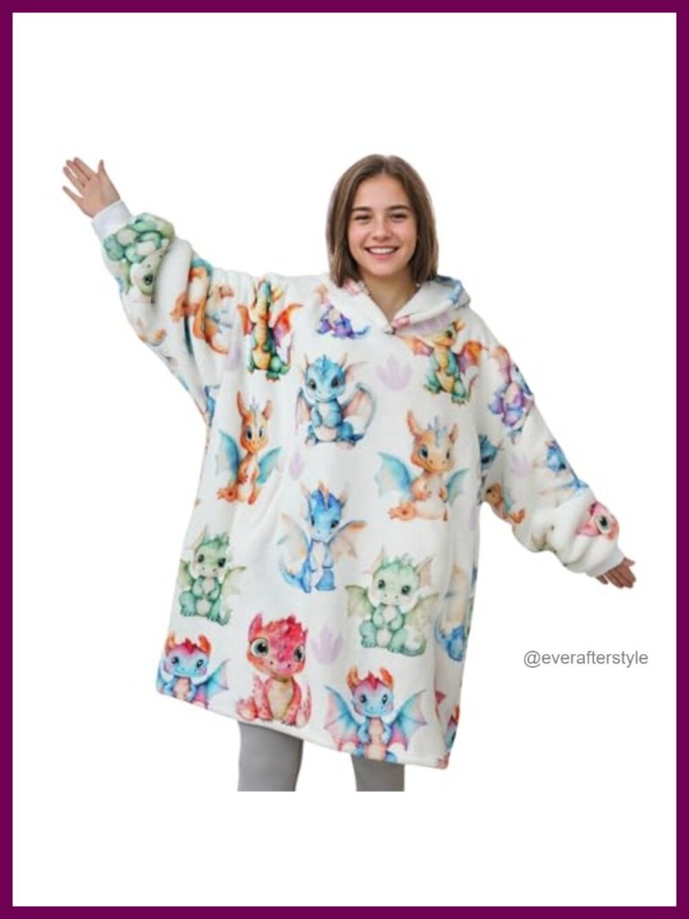 Oversized Flannel Hooded Blanket Sweatshirt Wearable Dragon Design One Size